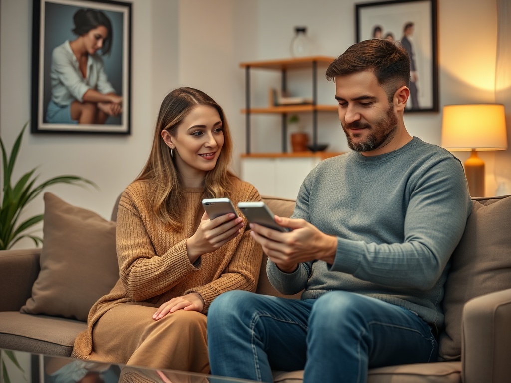 A young couple sits on a couch, each holding a smartphone, smiling and engaging with each other.